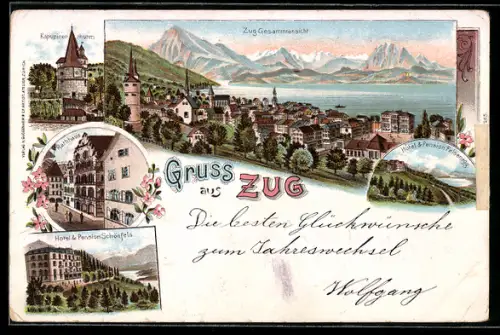Lithographie Zug, Gesamtansicht, Kapuzinerturm, Rathaus, Hotel & Pension Schönfels