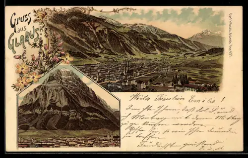 Lithographie Glarus, Gesamtansicht aus der Vogelschau