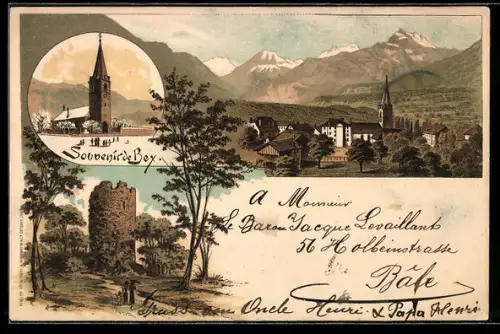 Lithographie Bey, vue generale, l`Eglise, Alpenpanorama