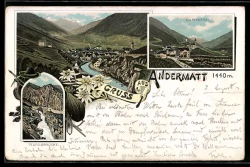 Lithographie Andermatt, Ortsansicht, Teufelsbrücke, Blick auf Hospenthal