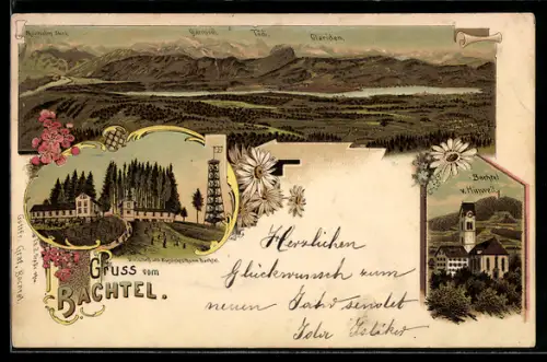 Lithographie Bachtel, Kirche, Gasthaus, Landschaftspanorama