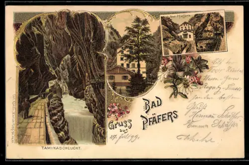 Lithographie Bad Pfäfers, Partie an der Taminaschlucht, Blick auf das Bad Pfäfers