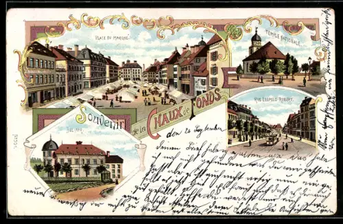 Lithographie La Chaux-de-Fonds, Temple Nationale, Place du Marché, Bel Air, Rue Leopold Robert
