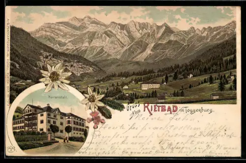 Lithographie Rietbad, Kurhaus mit Blick über den Ort