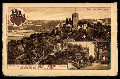 Lithographie Hattingen, Burg Blankenstein a. Ruhr Bes.: Gustav vom Stein, Garten