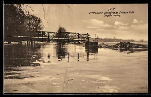 AK Fürth, Hochwasser-Katastophe im Februar 1909, Engelhardssteg bei der Flut