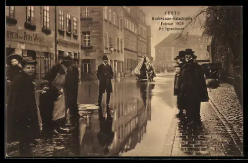 AK Fürth, Hochwasser-Katastophe im Februar 1909, Heiligenstrasse unter Wasser