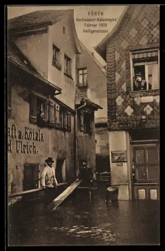 AK Fürth, Hochwasser-Katastrophe Februar 1909, Heiligenstrasse mit Hochwasser
