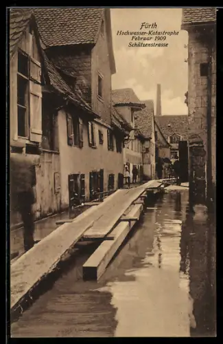 AK Fürth, Hochwasser-Katastrophe Februar 1909, Schützenstrasse unter Wasser