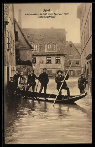 AK Fürth, Hochwasser-Katastrophe Februar 1909, Schützenstrasse mit Answohnern im Kahn vor der Waschanstalt Dubrau