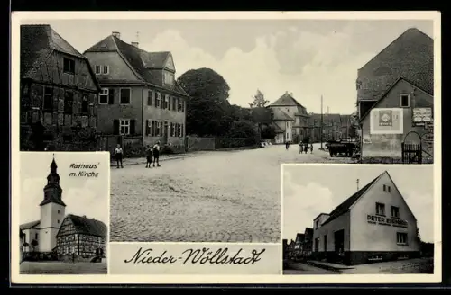 AK Nieder-Wöllstadt, Geschäft Peter Erhard, Rathaus mit Kirche