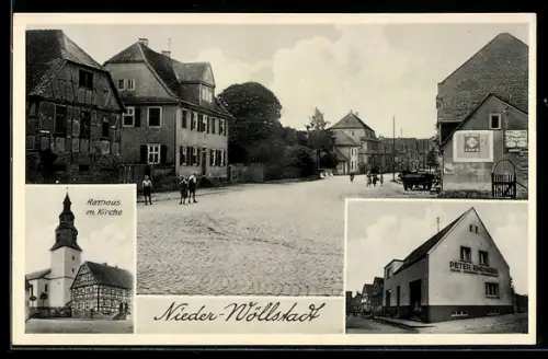 AK Nieder-Wöllstadt, Geschäft Peter Erhard, Rathaus mit Kirche
