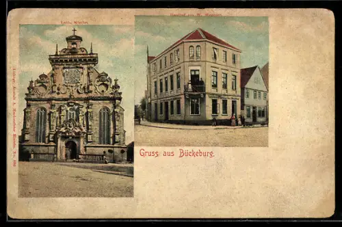 AK Bückeburg, Gasthaus von W. Wegener, Lutherische Kirche