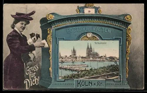 AK Köln a. Rh., Totalansicht mit Dom, Dame mit Brief am Postbriefkasten