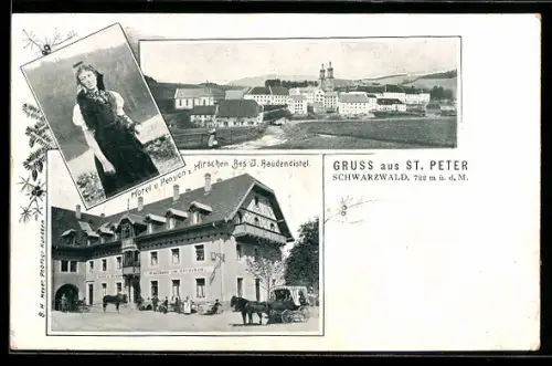 AK St. Peter, Gesamtansicht, Hotel u. Pension z. Hirschen, Bes. J. Raudendistel, Frau in Tracht