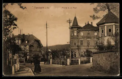 AK Tambach i. Th., Gasthaus zur Post und Bäuerin mit Korb