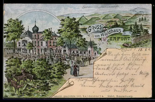 Lithographie Erfurt, Panorama vom Gasthaus Waldhaus aus gesehen