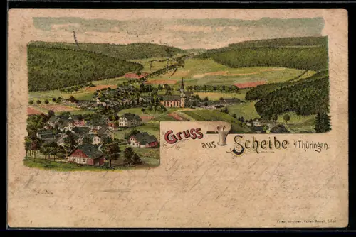 Lithographie Scheibe i. Thüringen, Ortsansicht mit umliegenden Feldern und bewaldeten Anhöhen