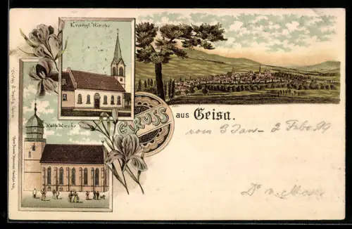 Lithographie Geisa, Evangl. Kirche, Kath. Kirche, Ortsansicht aus der Vogelschau