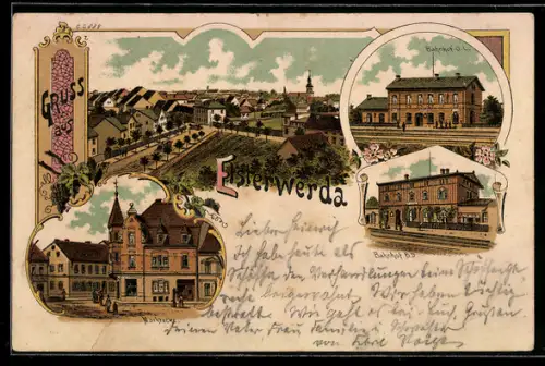 Lithographie Elsterwerda, Bahnhof O.L., Bahnhof B.D., Marktplatz, Totalansicht des Ortes