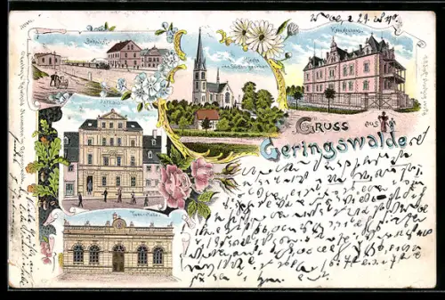 Lithographie Geringswalde, Bahnhof, Turnhalle, Krankenhaus, Kirche v. Norden gesehen