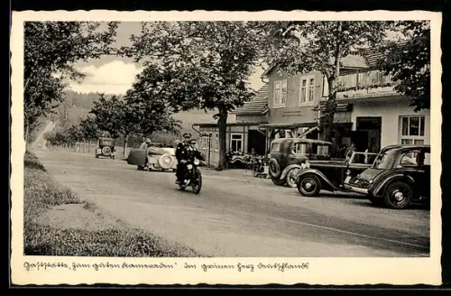 AK Blankenhain /Th., Gaststätte Zum guten Kameraden an der Staatsstrasse 85 mit parkenden Automobilen