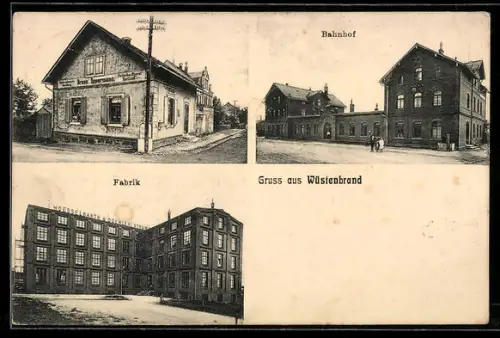 AK Wüstenbrand, Materialwarenhandlung von Bruno Oppermann, Fabrik, Bahnhof