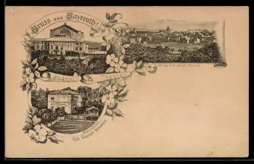Lithographie Bayreuth, Festspielhaus, Richard Wagners Wohnhaus Wahnfried, Ortsansicht aus der Vogelschau