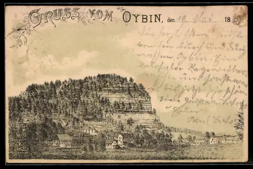 Lithographie Oybin, Ortsansicht mit bewaldeter Felsformation, datiert 1889