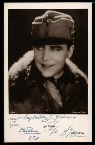 AK Schauspieler Igo Sym mit Feldmütze, Autograph