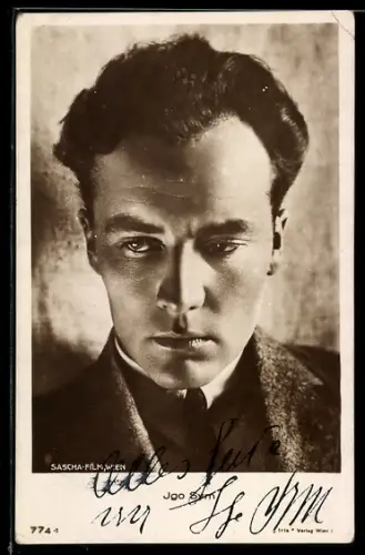 AK Schauspieler Igo Sym mit ernstem Blick, Autograph