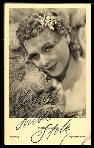 AK Schauspielerin Hilde v. Stolz mit Feder und Schmuck im Haar, Autograph