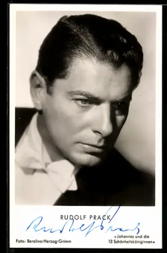 AK Schauspieler Rudolf Prack mit Fliege, Autograph