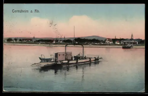 AK Gernsheim a. Rh., Fährbetrieb auf dem Rhein, Stadtansicht