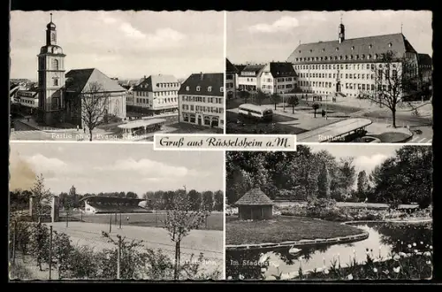 AK Rüsselsheim a. M., Evangelische Kirche, Rathaus, Sportstadion, Stadtpark