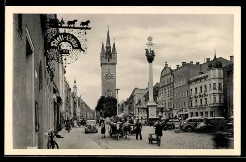 AK Straubing, Theresienplatz mit Stadtturm, Dreifaltigkeitssäule