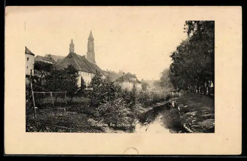 AK Straubing, Partie am Gscheiter Brückl, Kirche, Flussufer