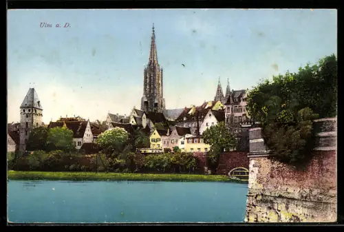 AK Ulm a. D., Münster, Stadtansicht, Donauufer