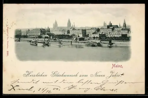 AK Mainz, Panorama mit Rheinufer und Passagierschiffen
