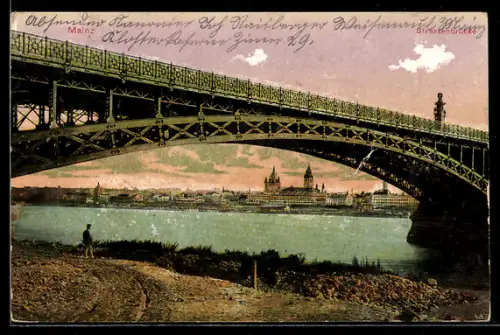 AK Mainz, Rheinbrücke mit Blick zur Stadt