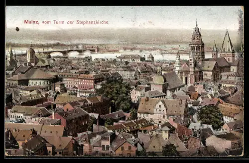 AK Mainz, Blick auf die Stadt vom Turm der Stephanskirche aus