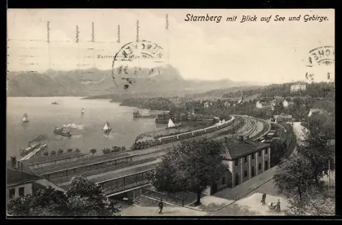 AK Starnberg, Bahnhof mit Blick auf See und Gebirge: Zugspitze, Hochwanner und Teufelsgrat