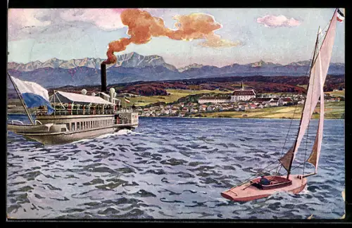 AK Diessen am Ammersee, Ausflugsdampfer und Segelboot auf dem Ammersee