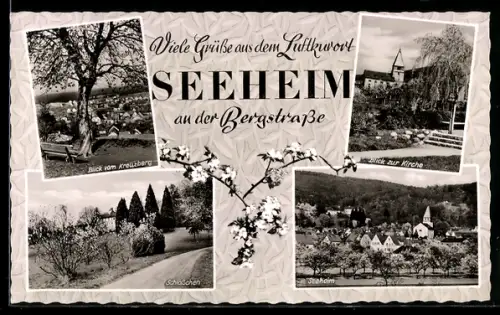 AK Seeheim an der Bergstrasse, Schlösschen, Kirche, Blick vom Kreuzberg
