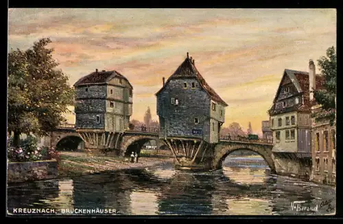 Künstler-AK Kreuznach, Brückenhäuser vom Wasser aus