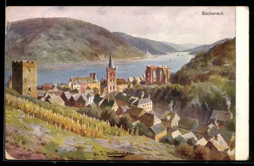Künstler-AK Bacharach, Teilansicht mit Turm