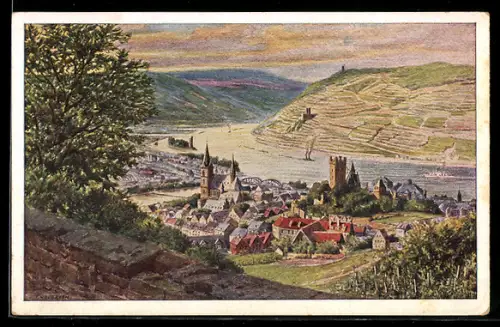Künstler-AK Bingen-Bingerbrück, Rheinpartie mit Kirche