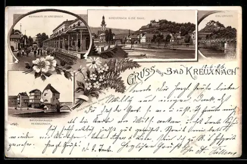 Lithographie Bad Kreuznach, Kurhaus, Brückenhäuser, Ortsansicht und die Nahe, Ebernburg