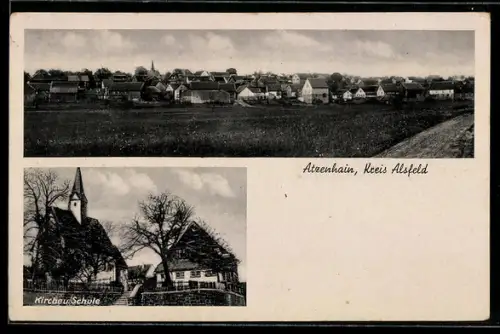 AK Atzenhain /Kreis Alsfeld, Teilansicht, Kirche und Schule