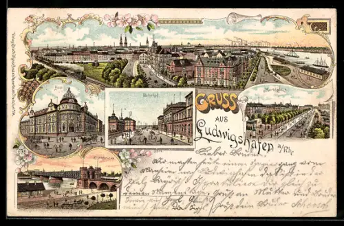Lithographie Ludwigshafen / Rhein, Bahnhof, Post, Rheinbrücke